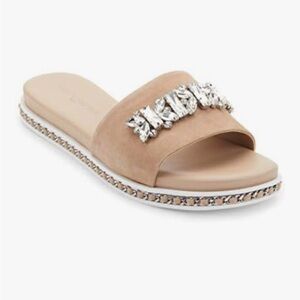 Karl Lagerfeld Bijou Elegant Tan Slide Sandals Shoes Embellishment Rhinestones